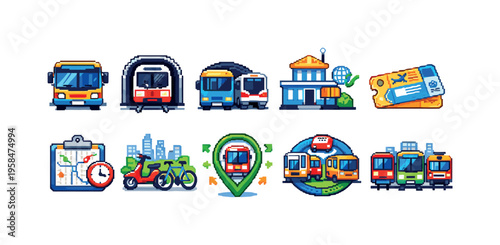 Pixel art collection of transportation icons for urban and public transit