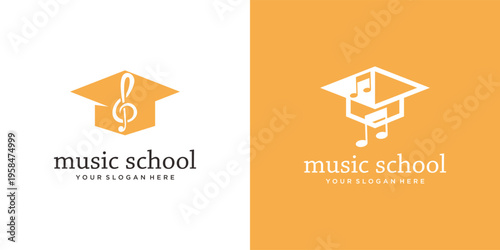 Music school logo design with graduation cap and musical notes.