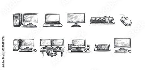 Collection of hand-drawn computer setups and peripherals in a sketch style