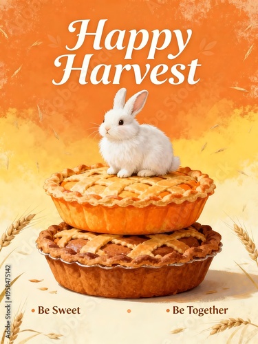 A cute white rabbit sits atop two stacked golden pies, with 