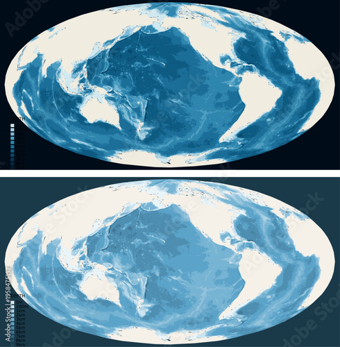 World Pacific Centered Bathymetric Ocean Depth Map - Hammer Projection - Scalable Multi-Color Seafloor Relief Topography with Depth Legend Showing Continental Shelves Mid-Ocean Ridges and Abyssal