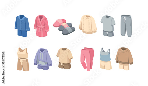 Collection of cozy sleepwear and loungewear items displayed on a white background