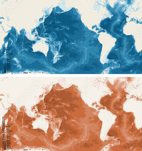 World Pacific Centered Bathymetric Ocean Depth Map - Mercator Projection - Scalable Multi-Color Seafloor Relief Topography with Depth Legend Showing Continental Shelves Mid-Ocean Ridges and Abyssal