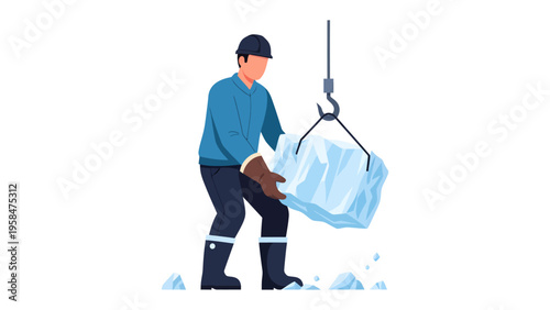 Ice Block Lifting: An illustration depicts a worker meticulously positioning a large block of ice, suspended from a crane hook, symbolizing industry and carefulness.