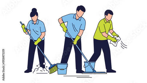 Clean Team at Work: A team of dedicated individuals performs various cleaning tasks with cleaning tools. Demonstrating the importance of hygiene and cleanliness.