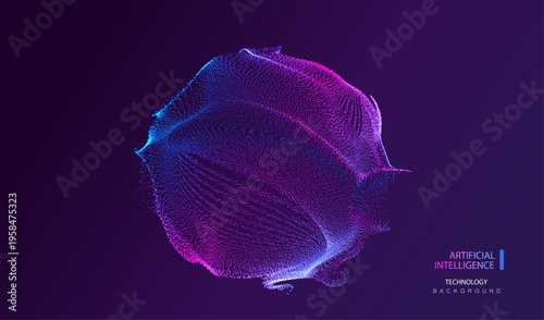 A.I. sphere banner. Technology particles circle glob. Dots ai big data neon round background. Artificial Intelligence of physical and psychological science vector design.