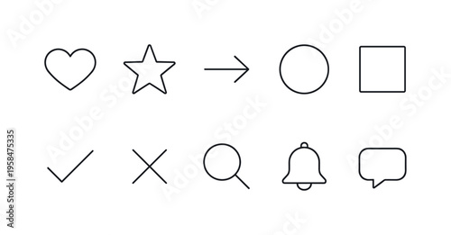 Collection of simple line icons representing common user interface elements and actions