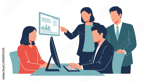 Teamwork: People in business suits are collaborating around a monitor screen. A scene that captures the essence of partnership and progress.
