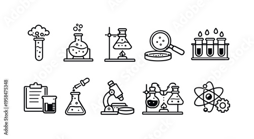 Collection of scientific laboratory icons representing research and discovery
