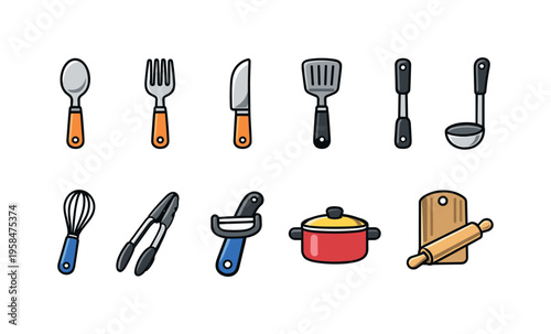 Collection of colorful kitchen utensils and cooking tools on a white background