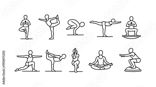Collection of simple line art icons depicting various yoga poses and balance exercises