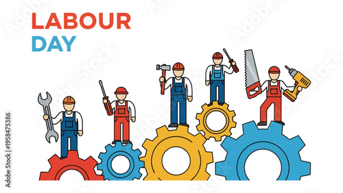 Labour Day Celebration: Illustration of a collective of workers, each brandishing a tool of their trade, triumphantly perched atop a collection of gears, celebrating Labour Day.