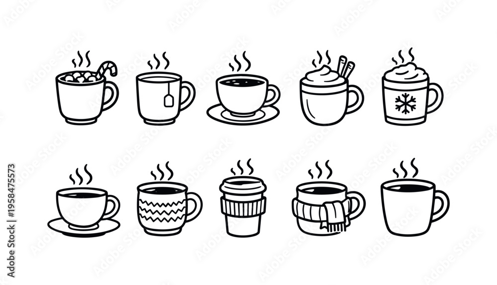 Fototapeta premium Collection of hand-drawn hot beverages in various cups and mugs for cozy winter days