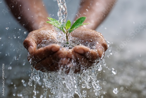 Human palms hold a young green sprout under streams of clean water symbol of ecology nature protection and sustainable development