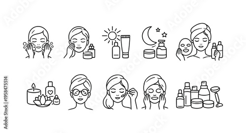 Collection of line art icons representing daily skincare routines and beauty treatments