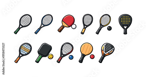 Collection of various racket sports equipment including tennis, pickleball, and paddle tennis paddles
