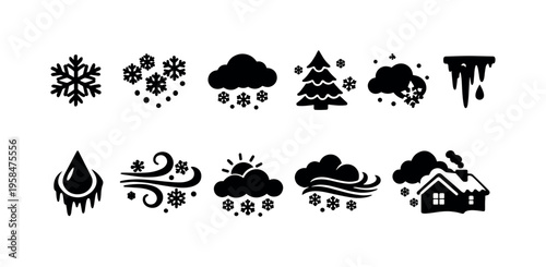 Collection of winter weather icons including snowflakes, snow, and a house