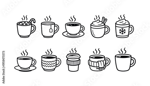 Collection of hand-drawn hot beverages in various cups and mugs for cozy winter days