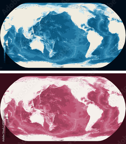 World Pacific Centered Bathymetric Ocean Depth Map - Natural Earth Projection - Scalable Multi-Color Seafloor Relief Topography with Depth Legend Showing Continental Shelves Mid-Ocean Ridges and