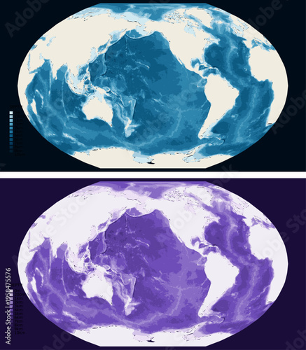 World Pacific Centered Bathymetric Ocean Depth Map - Winkel Tripel Projection - Scalable Multi-Color Seafloor Relief Topography with Depth Legend Showing Continental Shelves Mid-Ocean Ridges and