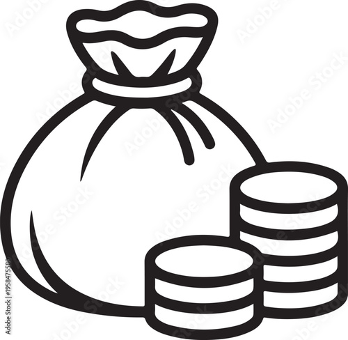 A simple black and white illustration depicting a bag of money alongside stacks of coins