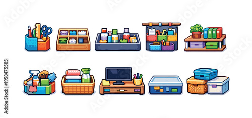 Pixel art collection of various storage solutions for home and office organization