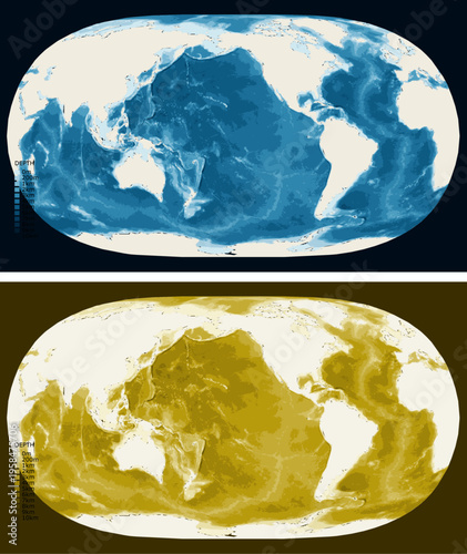 World Pacific Ne2 Natural Earth 2 Bathymetric Ocean Depth Map - Mercator Projection - Scalable Multi-Color Seafloor Relief Topography with Depth Legend Showing Continental Shelves Mid-Ocean Ridges