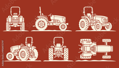 Vector set of tractor icons from different view angles on orange background