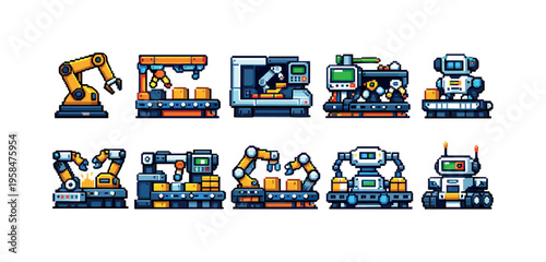 Pixel art collection of industrial robots and automated manufacturing machinery
