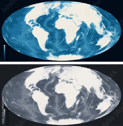 World Standard Bathymetric Ocean Depth Map - Hammer Projection - Scalable Multi-Color Seafloor Relief Topography with Depth Legend Showing Continental Shelves Mid-Ocean Ridges and Abyssal Plains