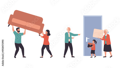 Family Moving Day: A family, working together, moves a sofa into a new house, symbolizing the journey of relocation, teamwork, and creating new beginnings.