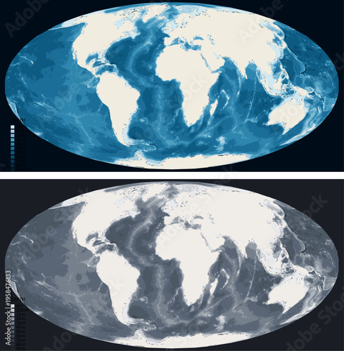 World Standard Bathymetric Ocean Depth Map - Mollweide Projection - Scalable Multi-Color Seafloor Relief Topography with Depth Legend Showing Continental Shelves Mid-Ocean Ridges and Abyssal Plains
