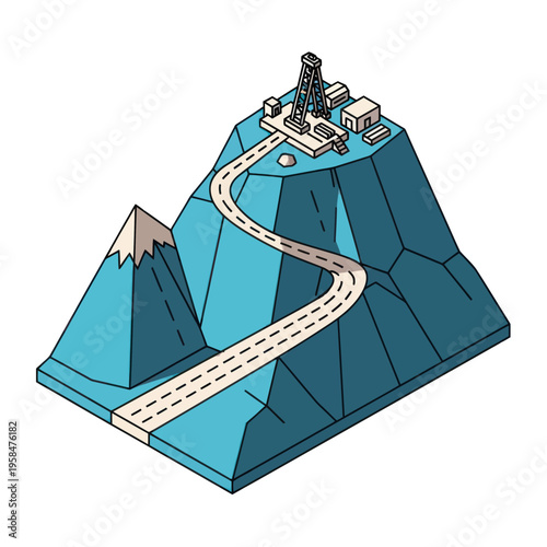 Isometric Mountain Road with Oil Rig.