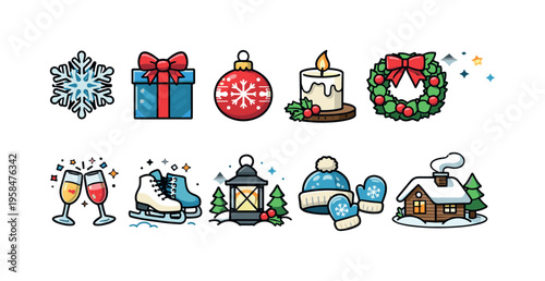 Collection of charming winter holiday icons for festive design and celebration