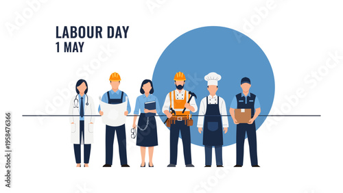 Labor Day Celebration: A diverse collection of working professionals stand united, showcasing the essence of labor, achievement, and communal spirit on the celebrated occasion of Labor Day. 