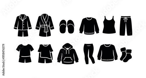 Collection of black silhouette icons representing various sleepwear and loungewear items