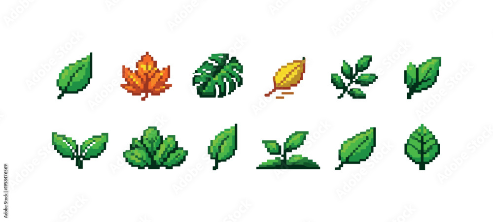 Fototapeta premium Collection of pixel art leaves and plants in various styles and colors