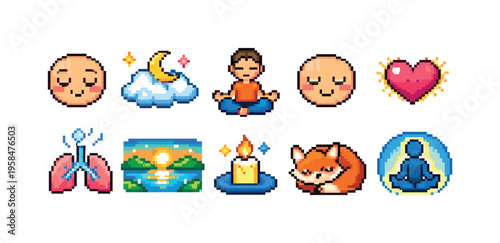 Pixel art icons representing wellness, meditation, and peaceful emotions