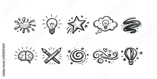 Collection of hand-drawn icons representing creativity, ideas, and inspiration
