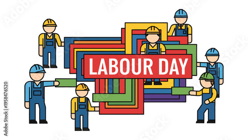 Labour Day illustration: A dynamic illustration celebrates Labour Day, with construction workers coming together to create a colorful emblem. It symbolizes the spirit of work and community.