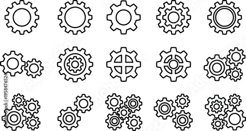 Gear icon set, cogwheel collection, mechanical symbols, engineering elements, industrial line icons, technology shapes, machine parts illustration, vector design pack