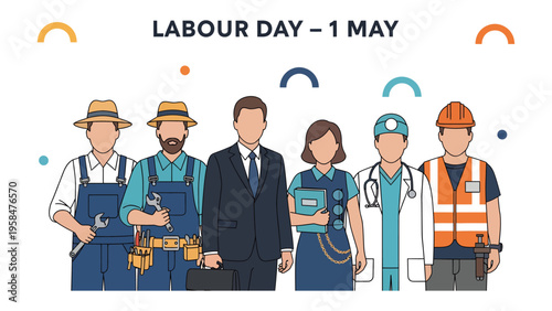 Labour Day Celebration: A diverse group of essential workers stand united in a symbolic gesture of solidarity, honoring the contributions of the workforce.