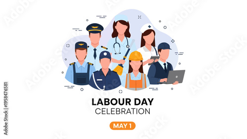 Labor Day Celebration: A diverse group of people from various professions comes together to celebrate Labor Day. Representing workers across different fields, from healthcare to aviation.