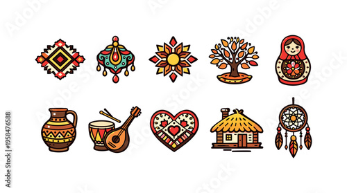 Collection of colorful folk art icons representing culture and tradition