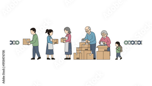 Community Support: Individuals, of varied ages, participate in a community service, working together to sort and distribute essential supplies.