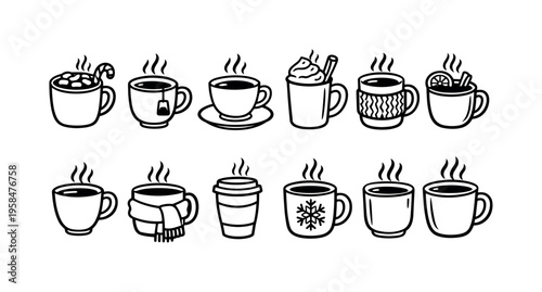 Collection of cozy hot drinks in various stylized cups and mugs