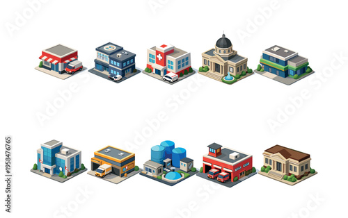Collection of isometric city service buildings and vehicles in a clean, modern style