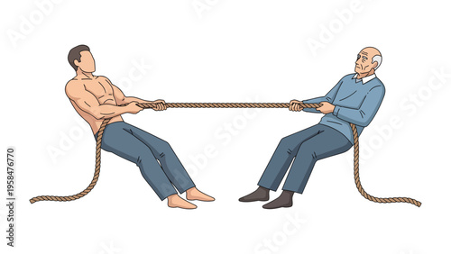 Tug of War: A powerful illustration depicts a young man and an elderly man engaged in a fierce tug-of-war, symbolizing a clash of strength, experience, and resilience.