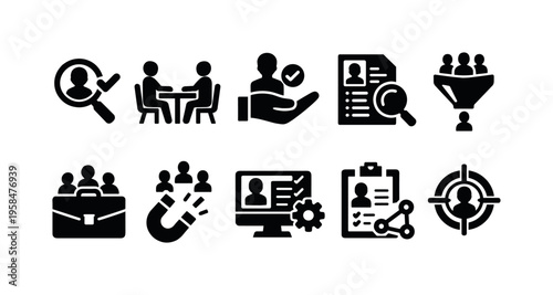 Collection of recruitment and hiring icons representing various stages of the employment process