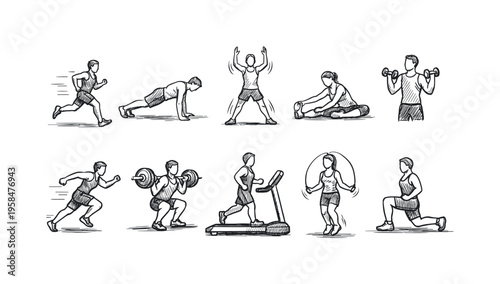 Diverse group of people performing various fitness exercises in a sketch style